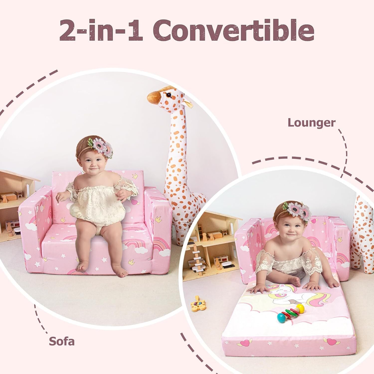 new Kids Couch, 2-in-1 Toddler Sofa Fold Out, Soft Chair for Pink Unicorn 07FC0E-D4 - KOEEK