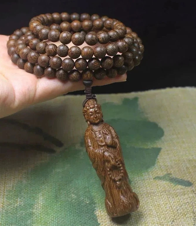 8mm*108 Natural Wood Guanyin Pandent Buddha Prayer Beads Necklace Accessories 07FC0E-D4 - KOEEK