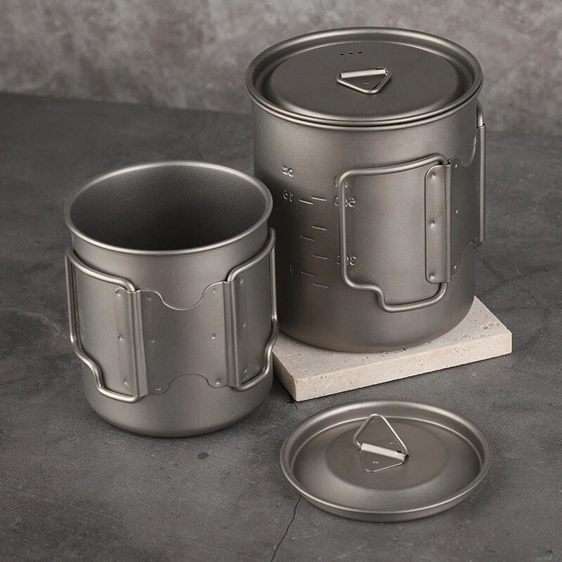 Titanium 420ml 750ml Pot Set With Foldable Handle - Outdoor Camping Cup Bowl Pot 07FC0E-D4 - KOEEK