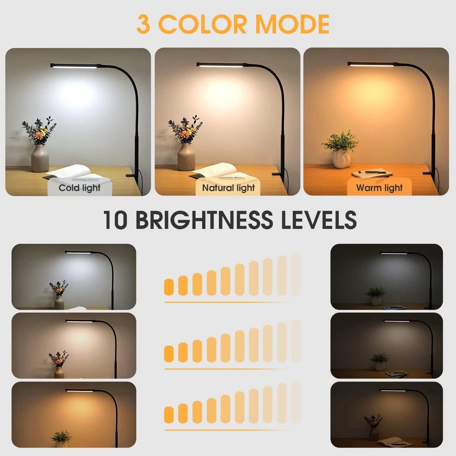 LED Desk lamp with Clamp, Eye-Caring Clip on Lights for Home Office, 3 Modes 10 07FC0E-D4 - KOEEK
