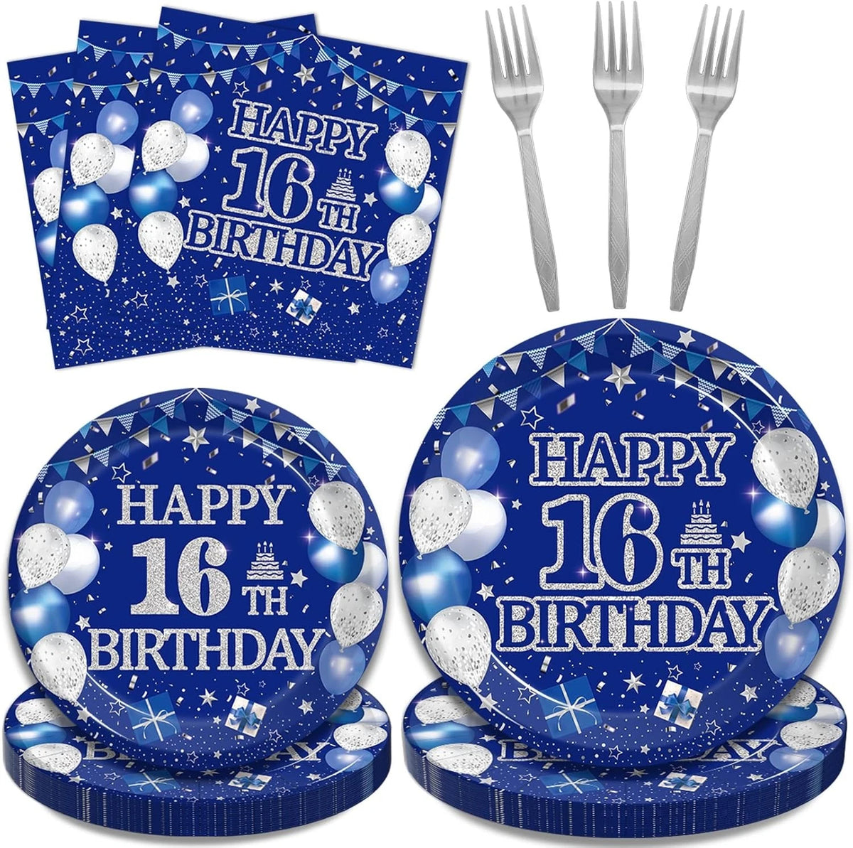 96-piece 16th birthday party tableware set, blue and silver theme