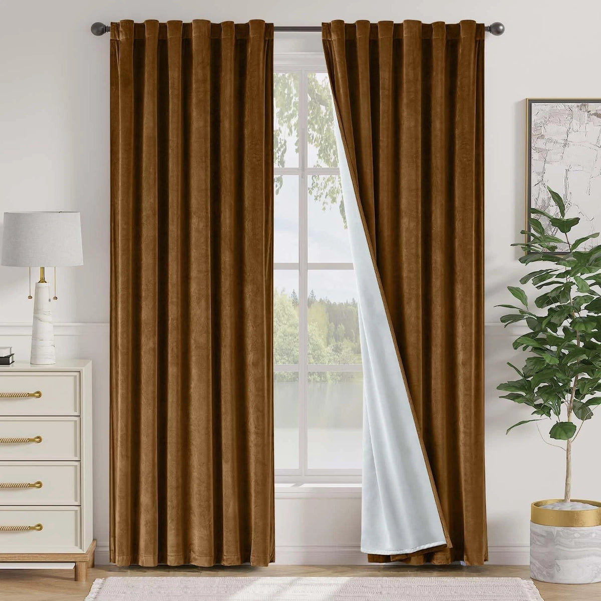 Golden brown blackout velvet curtains Size: 52 inches × 84 inches, golden brown. 07FC0E-D4 - KOEEK