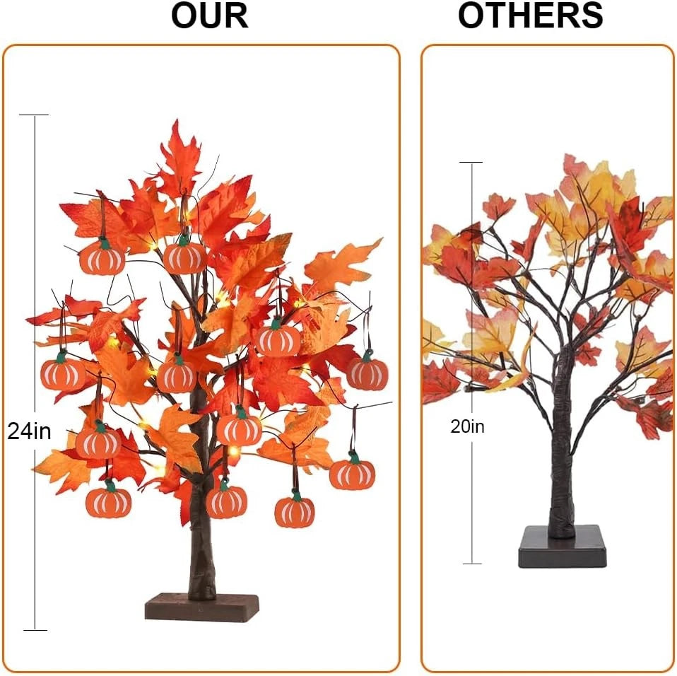 24”2FT Lighted Maple Leaves Tree with 24 LEDs & 12 Wood Pumpkin Ornaments 07FC0E-D4 - KOEEK