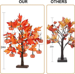 24”2FT Lighted Maple Leaves Tree with 24 LEDs & 12 Wood Pumpkin Ornaments 07FC0E-D4 - KOEEK