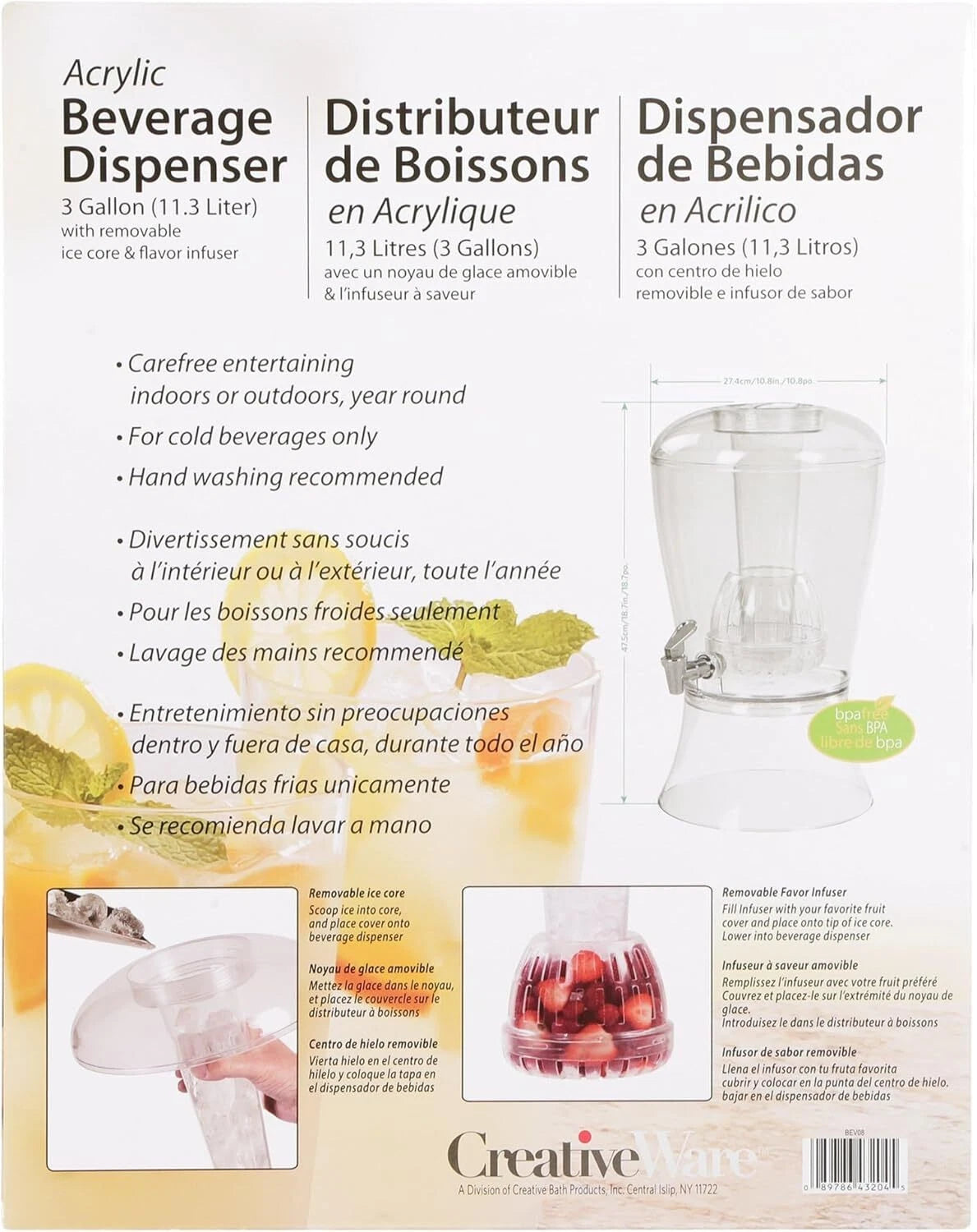 Beverage Dispenser with Ice Cylinder and Fruit Infuser, 3 Gallon, Clear 07FC0E-D4 - KOEEK