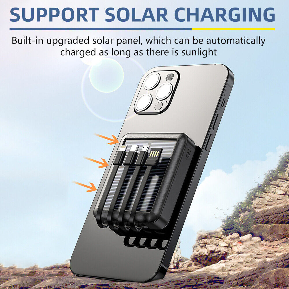 ny 36000mAh Solar Power Bank trådløs 15W lader innebygd 4 kabler Hurtiglading