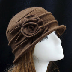 ny Dame Elegant Ull Blomster Hat Vinter Vintage Cloche Bøtte Cap