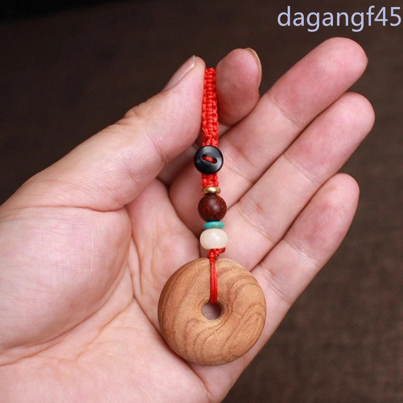 3.2cm Retro Peach Wood Ping An Key Pendant Necklaces Wood Carving Pendant 07FC0E-D4 - KOEEK