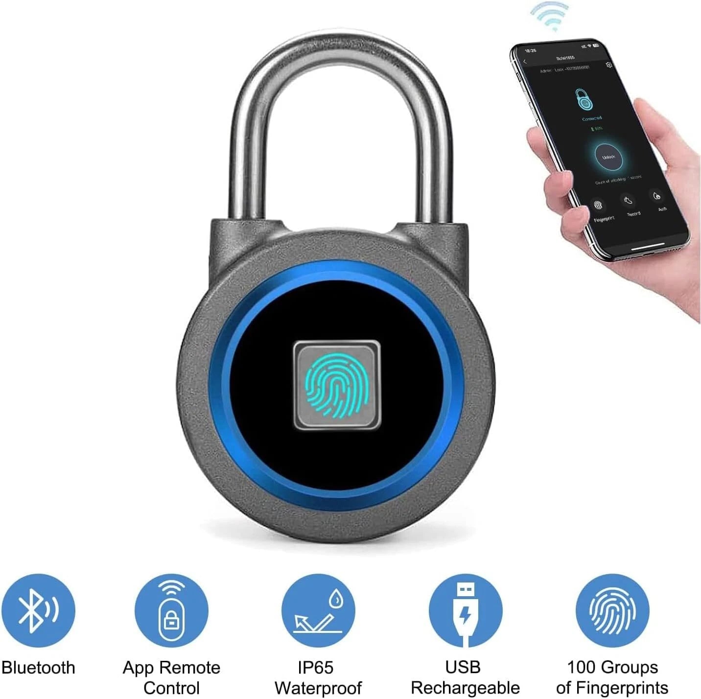 Fingerprint Padlock, Bluetooth Lock, Mobile APP, Smart Padlock, Waterproof, Blue 07FC0E-D4 - KOEEK