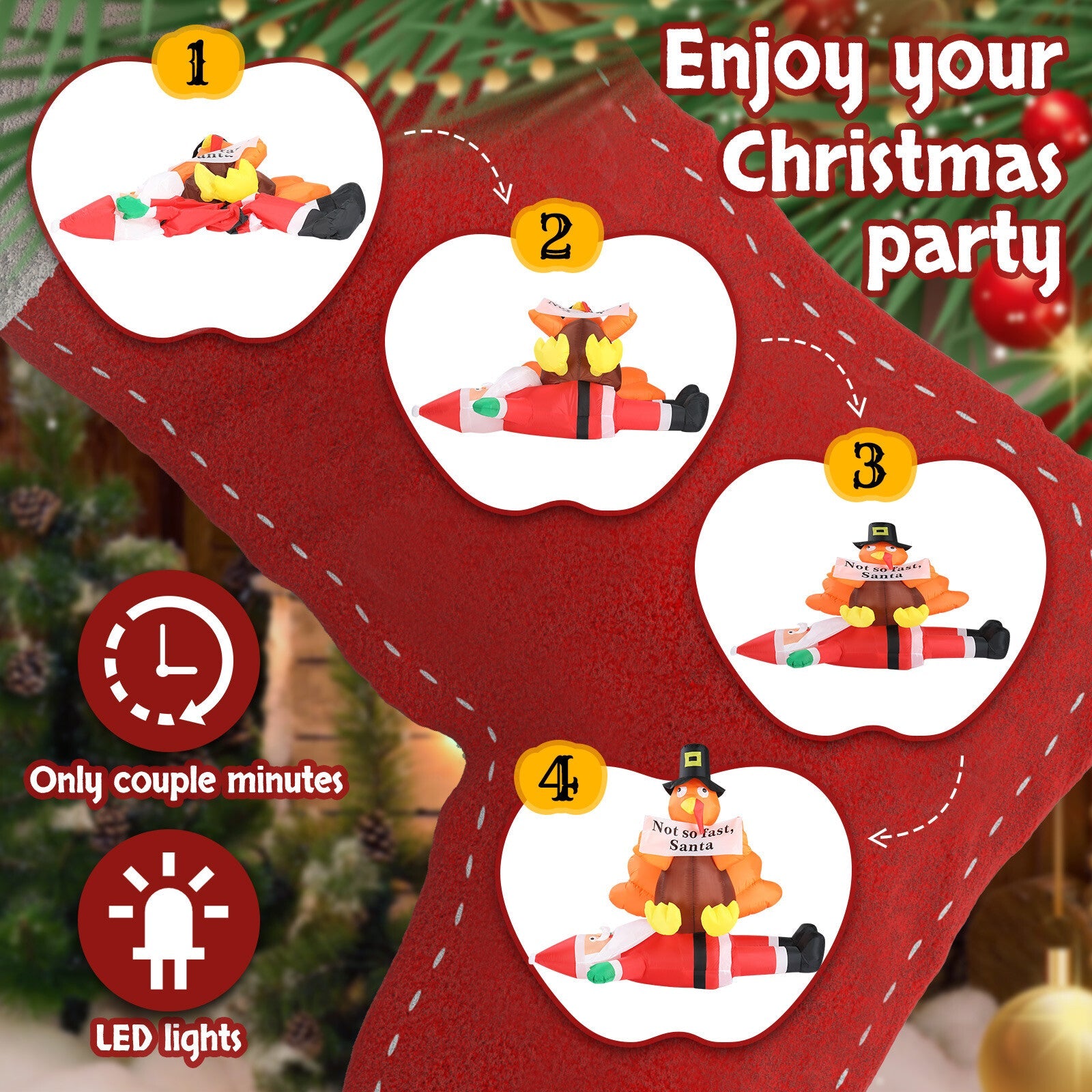 4.9FT Inflatable Turkey on Santa Claus Lighted Christmas Yard Decoration 07FC0E-D4 - KOEEK