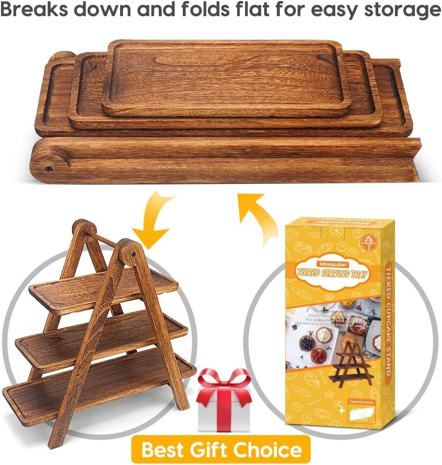 Wood 3 Tier Serving Tray Three Tiered Cupcake Stand, Rectangle Serving Platter 07FC0E-D4 - KOEEK