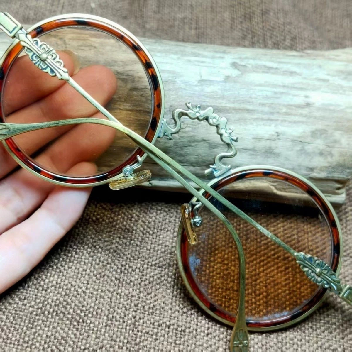 Vintage Chinese Crystal Round Glasses Tea Tint Copper Frame Eyewear Sunglasses 07FC0E-D4 - KOEEK