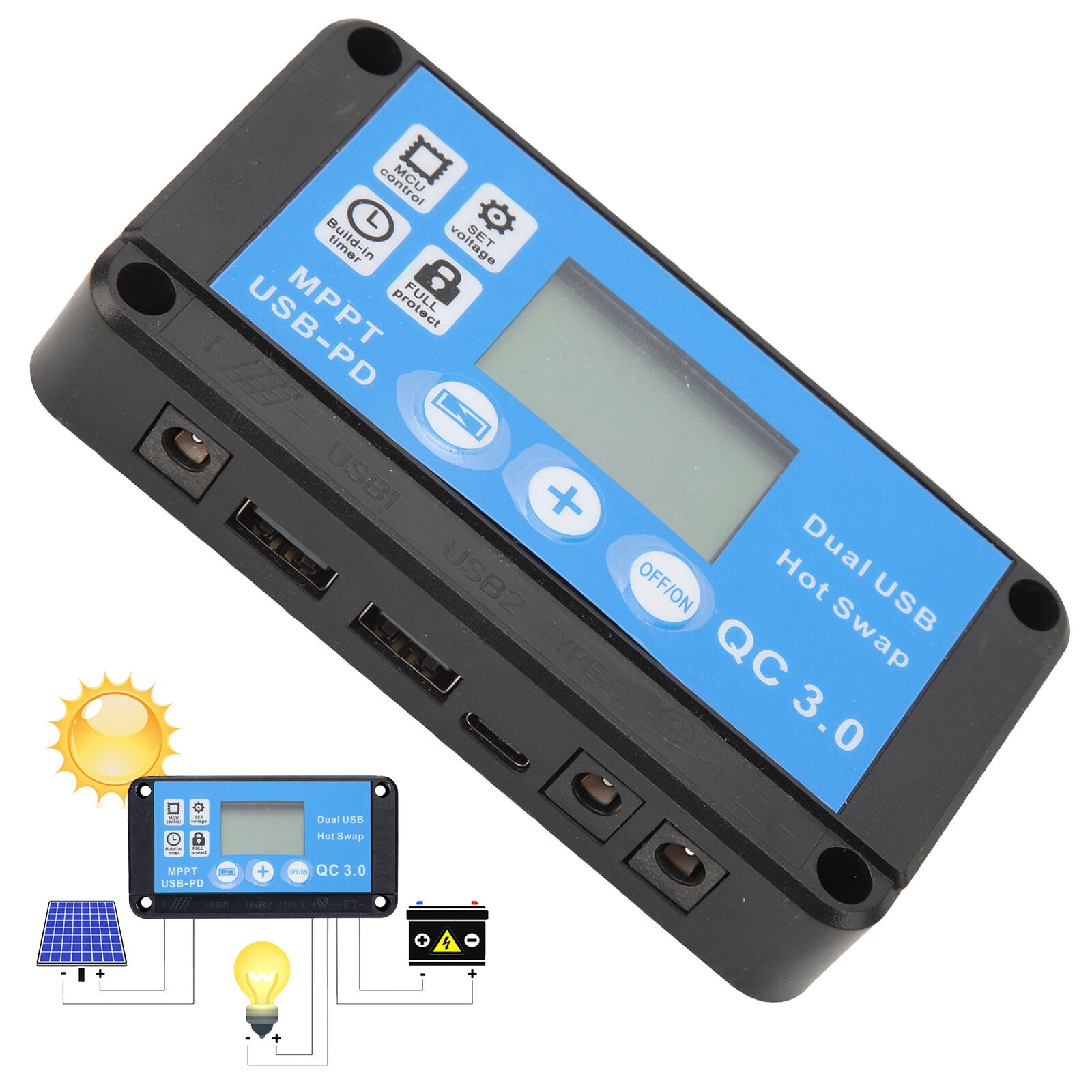 new 12V/24V  LCD Solar Panel Battery Regulator 12V/24V Charge Controller Dual USB koeek - KOEEK