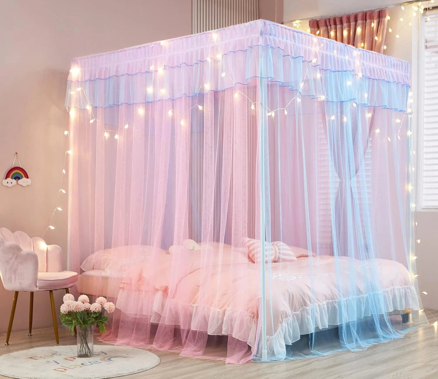 Rainbow Canopy Bed Curtains with Lights - Princess Bed Canopy for Girls 07FC0E-D4 - KOEEK