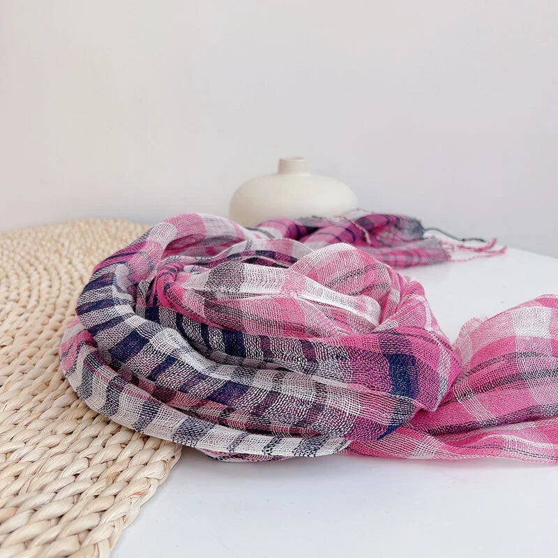 Unisex  Flax Linen Thin Scarf Tasseled Preppy Plaid Shawl Bandana Wrap 07FC0E-D4 - KOEEK