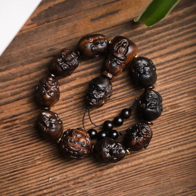 Natural Agarwood Prayer Beads Eighteen Arhats Carving Men Woman Buddha Bracelet 07FC0E-D4 - KOEEK