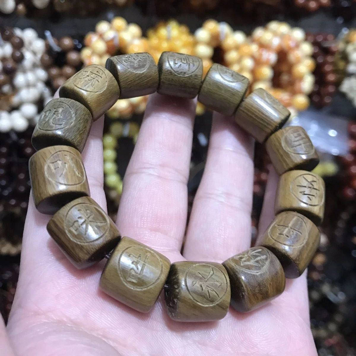 Green Sandalwood Bracelet 20mm Beads Six Syllable Mantra Mala Agarwood Beads 07FC0E-D4 - KOEEK