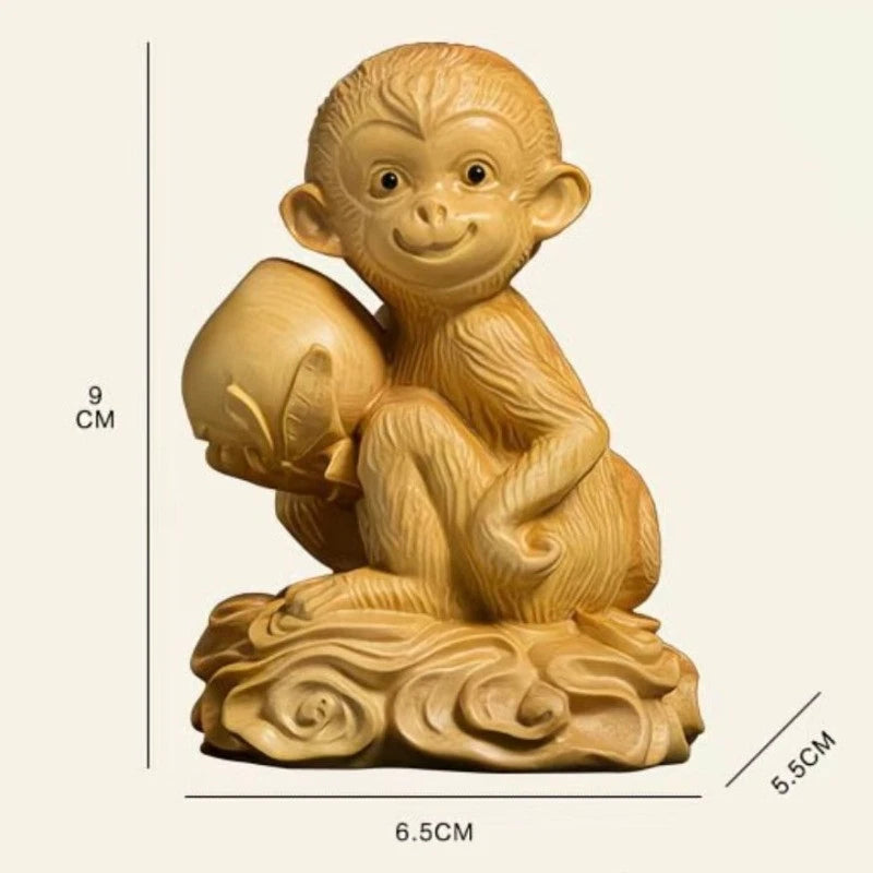 9cm Exquisitely Boxwood Handcarved Cute Monkey Holding Peach Tea Pet Ornament 07FC0E-D4 - KOEEK