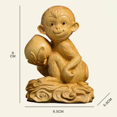 9cm Exquisitely Boxwood Handcarved Cute Monkey Holding Peach Tea Pet Ornament 07FC0E-D4 - KOEEK