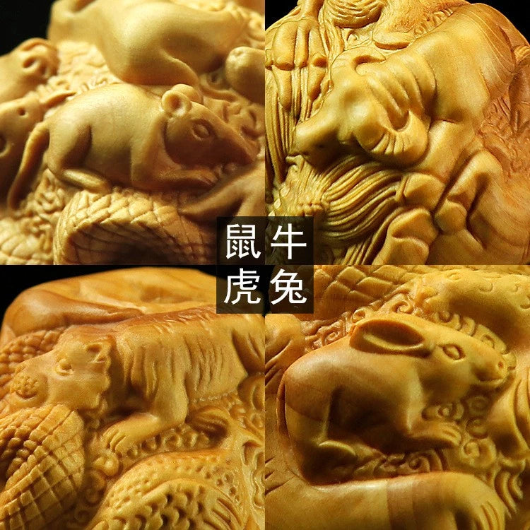 Boxwood Zodiac Carved Ball Handheld Ornament Wooden Craft Gift Decor 1 Pair 07FC0E-D4 - KOEEK