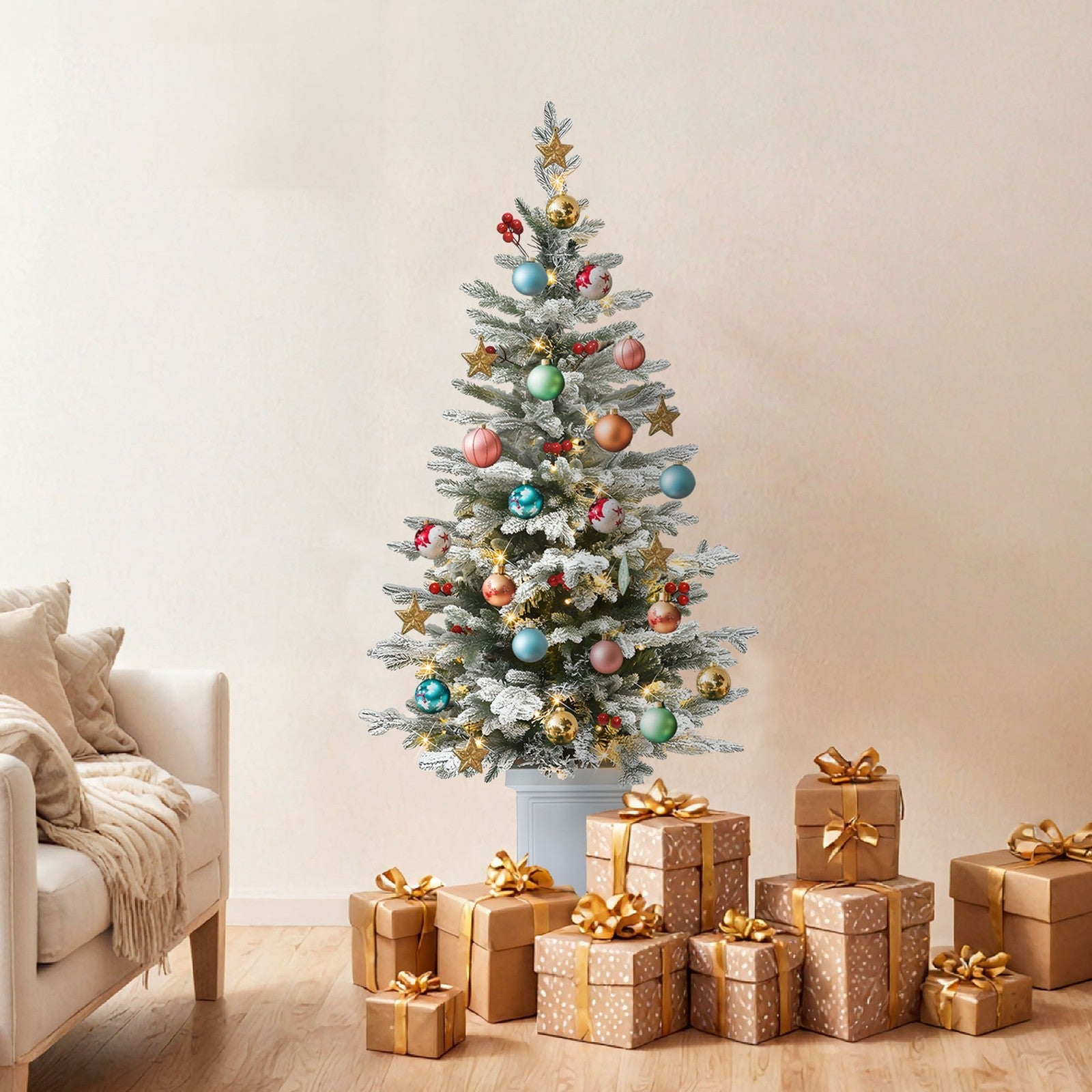 4.5ft Potted Pre-Lit Flocked Pencil Christmas Tree Slim Fir Tree with 100 Lights 07FC0E-D4 - KOEEK