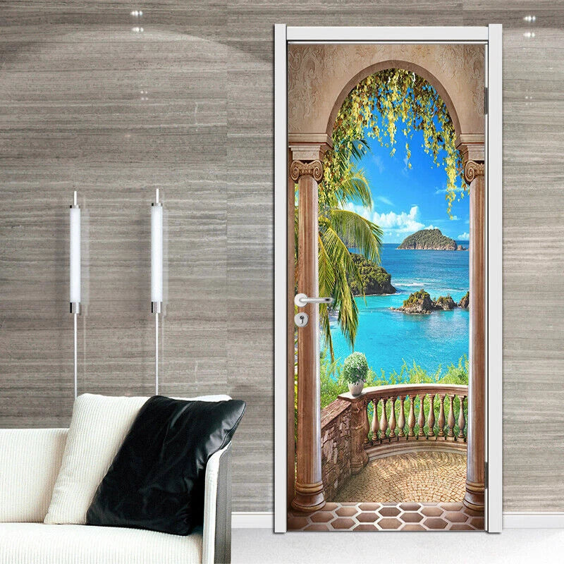 3D Arch Terrace Seascape Self Adhesive Mural Wall Bedroom Door Sticker Decor 07FC0E-D4 - KOEEK