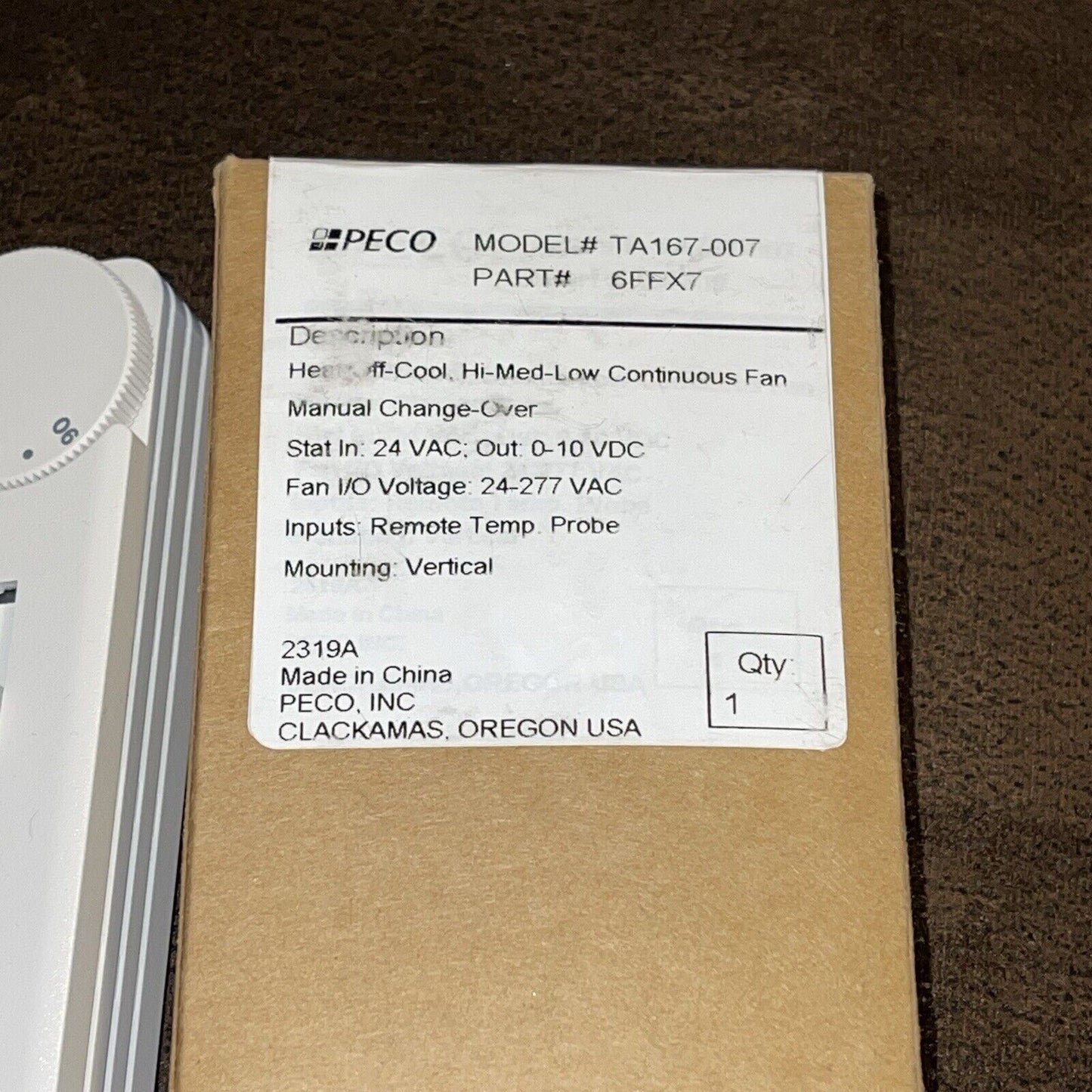 ny PECO Fan Coil Termostat Elektronisk Analog Ta167-007 Hvit