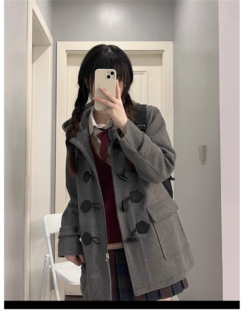Japanese College Girls Wool Blend JK Coats Uniform Hooded Winter Warm Overcoat 07FC0E-D4 - KOEEK