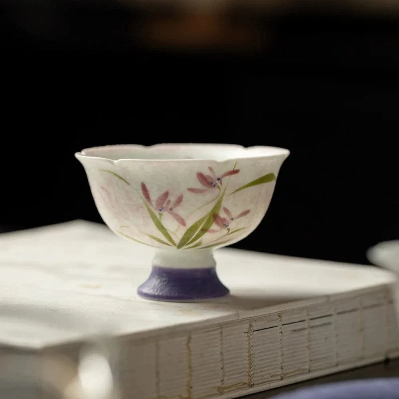 60ml Retro Ceramic Handpainted Orchid High Foot Cup Tea-tasting Cup Master Cup 07FC0E-D4 - KOEEK