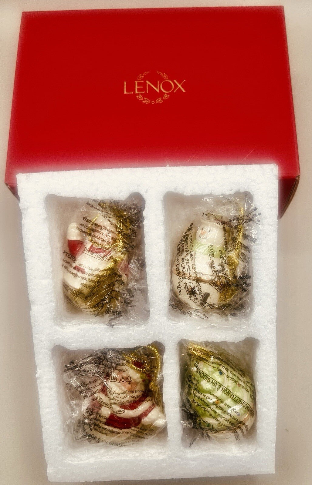LENOX  Jingle Bell Ornament 4 PC. Set Mr&Mrs Claus Snowman $ Christmas Tree NIB LENOX - KOEEK