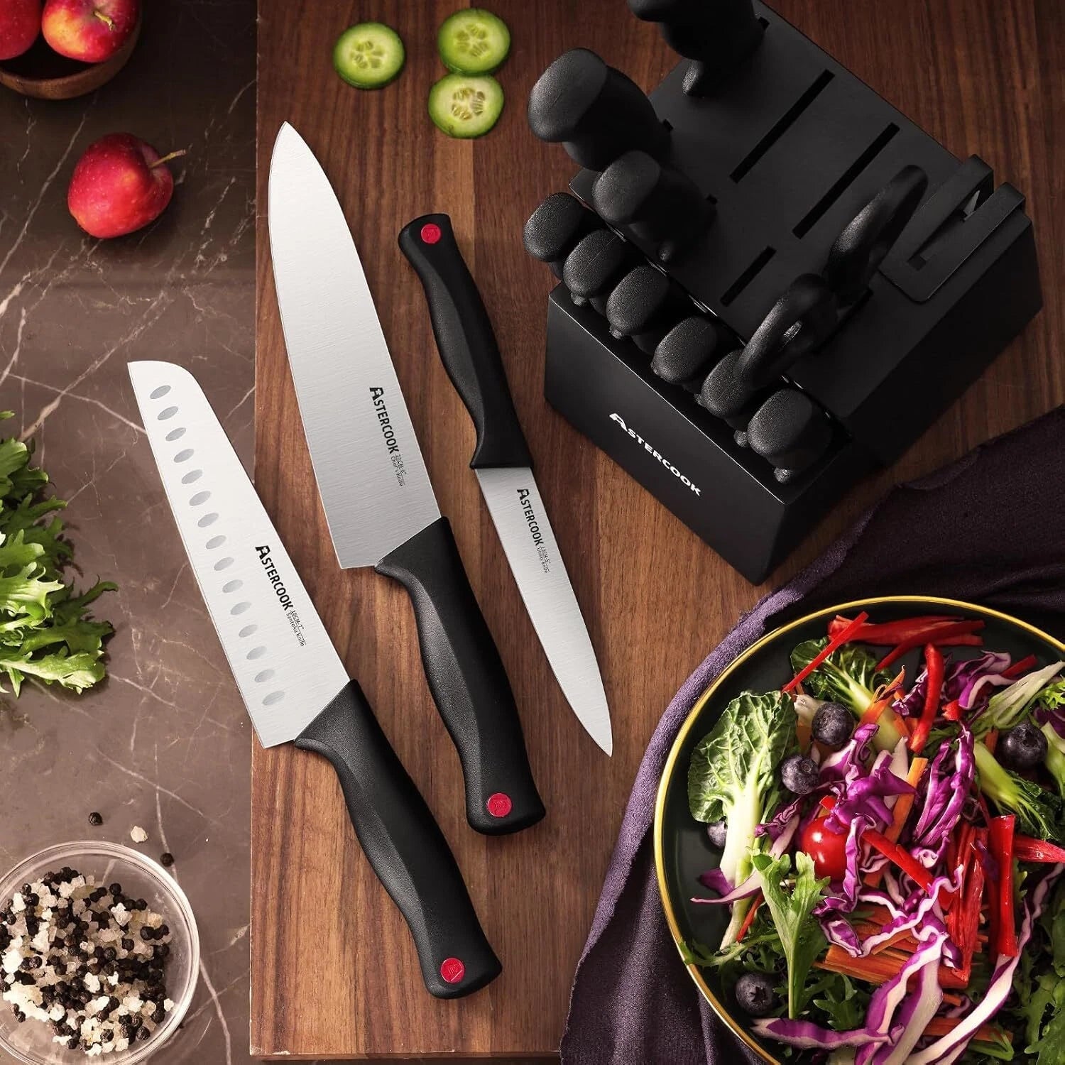 Knife Set, 15-Piece Kitchen Knife Set with Built-in Knife Sharpener 07FC0E-D4 - KOEEK