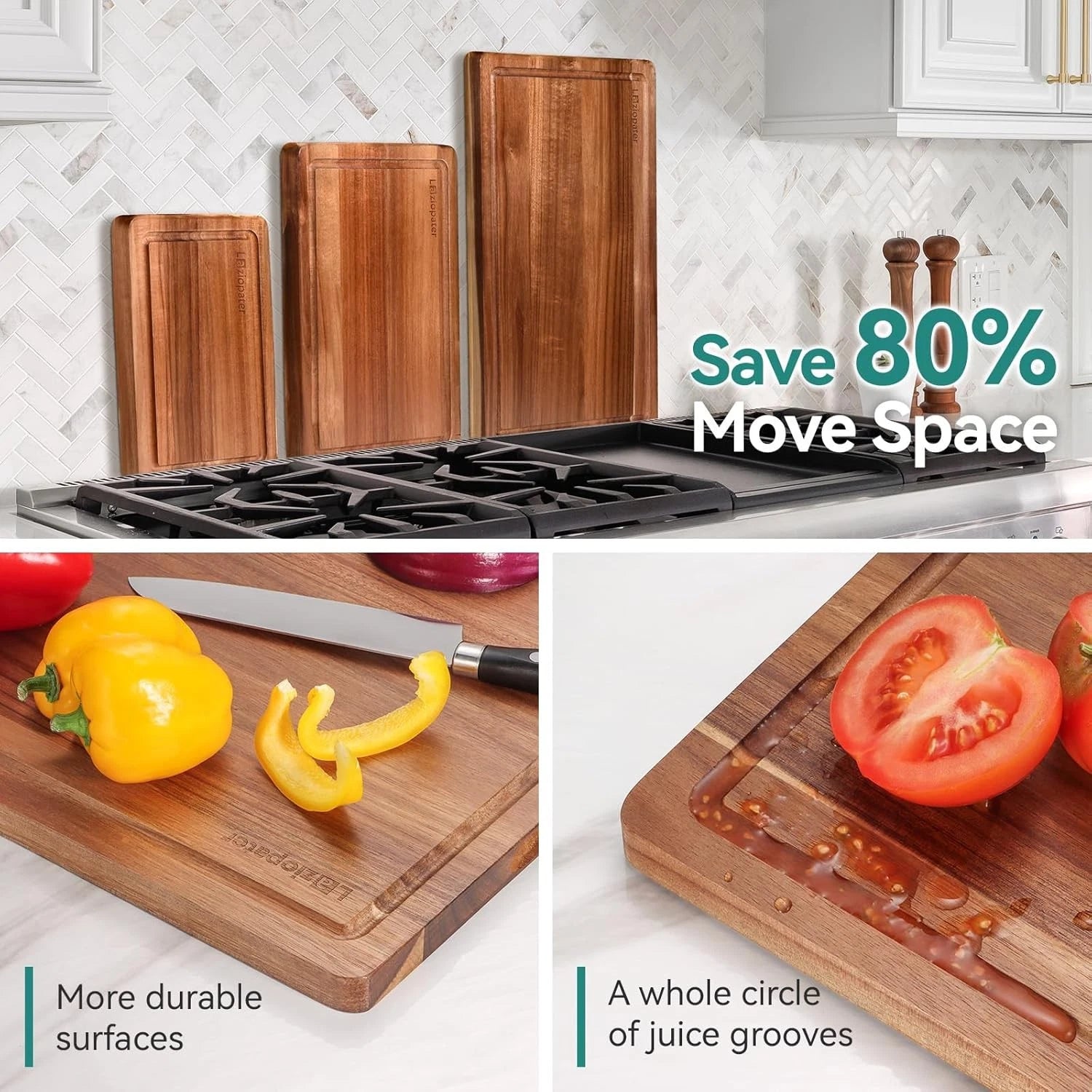 Acacia Wood Cutting Board，Solid Wood Cutting Board Set of 3 with Holder 07FC0E-D4 - KOEEK