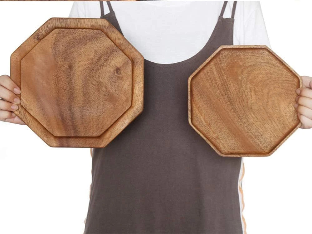 Set of 2 Acacia Wooden Trays Serving Platters Round Square Veggie Serving Tray 07FC0E-D4 - KOEEK