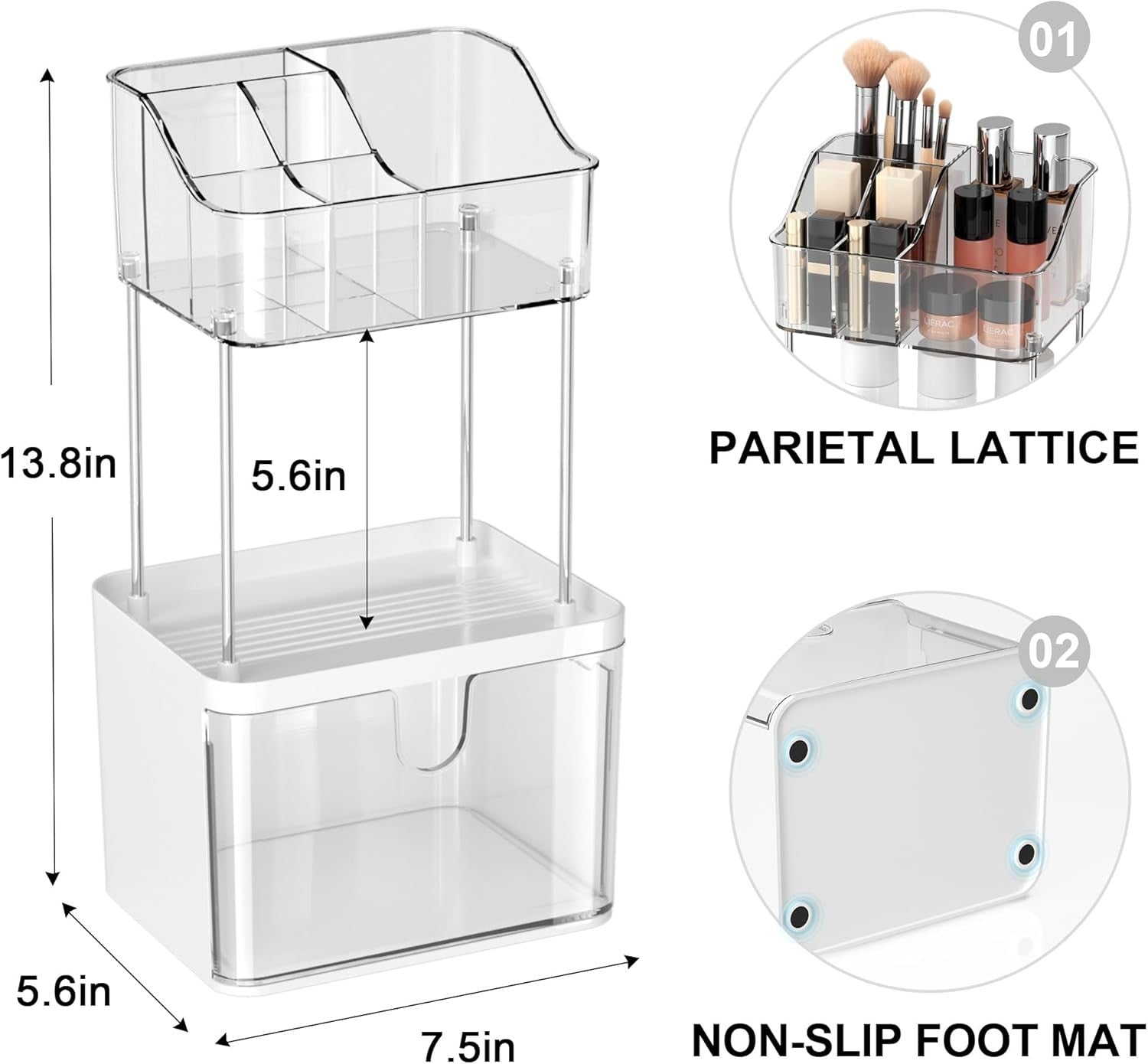 new Bathroom Countertop Organizer with Drawer - 3 Tier Makeup for clear 07FC0E-D4 - KOEEK