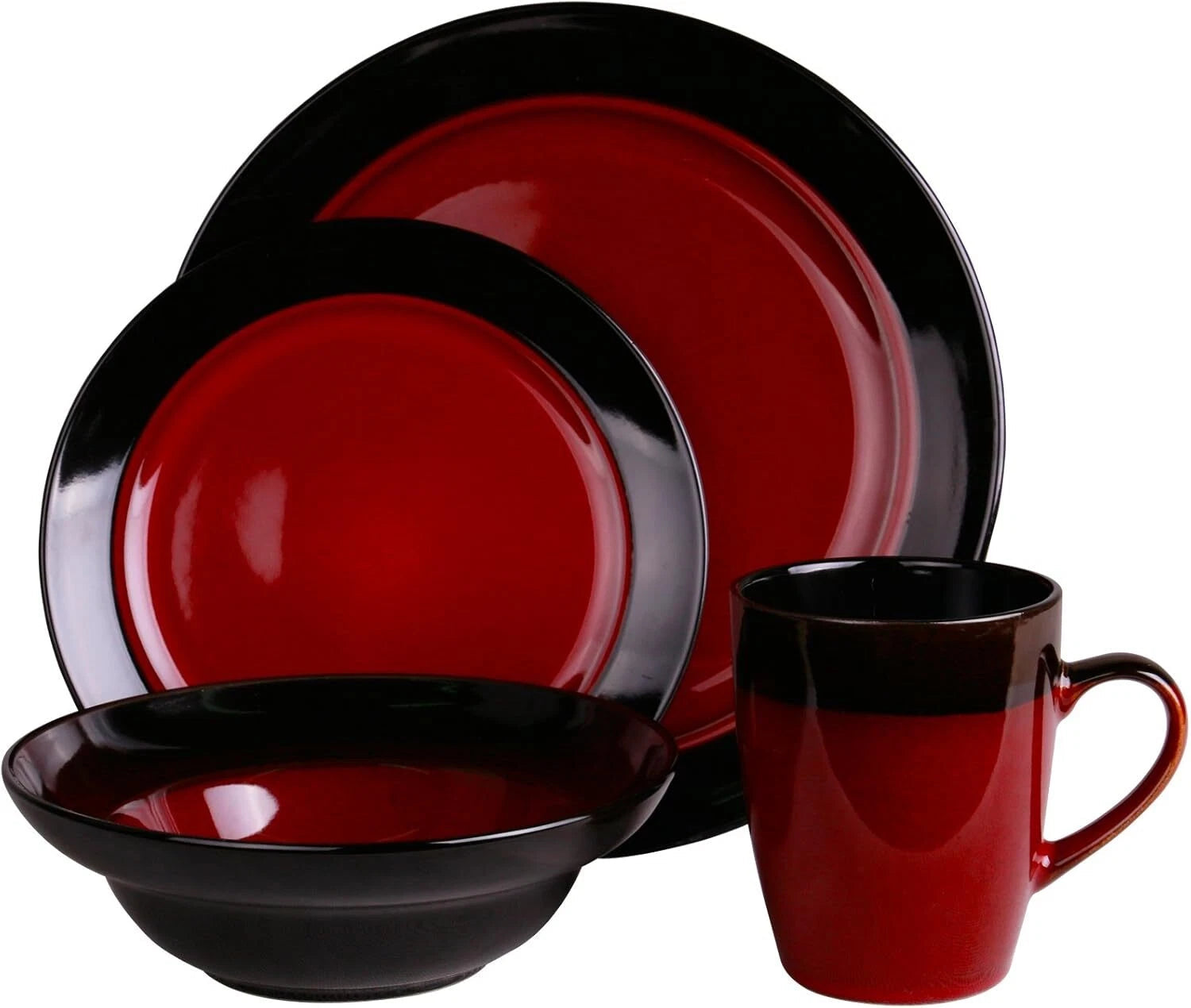 Round Stoare Two Tone Dinnerware Set, 16 Piece, Bright Red and Black 07FC0E-D4 - KOEEK