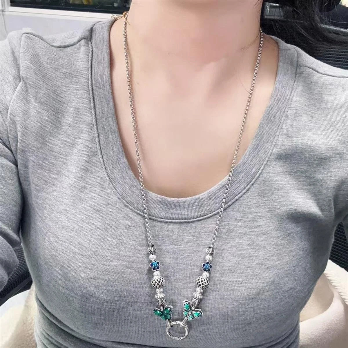 Retro Flower Butterfly Pearl Chain Necklace Pendant Compatible Women 07FC0E-D4 - KOEEK