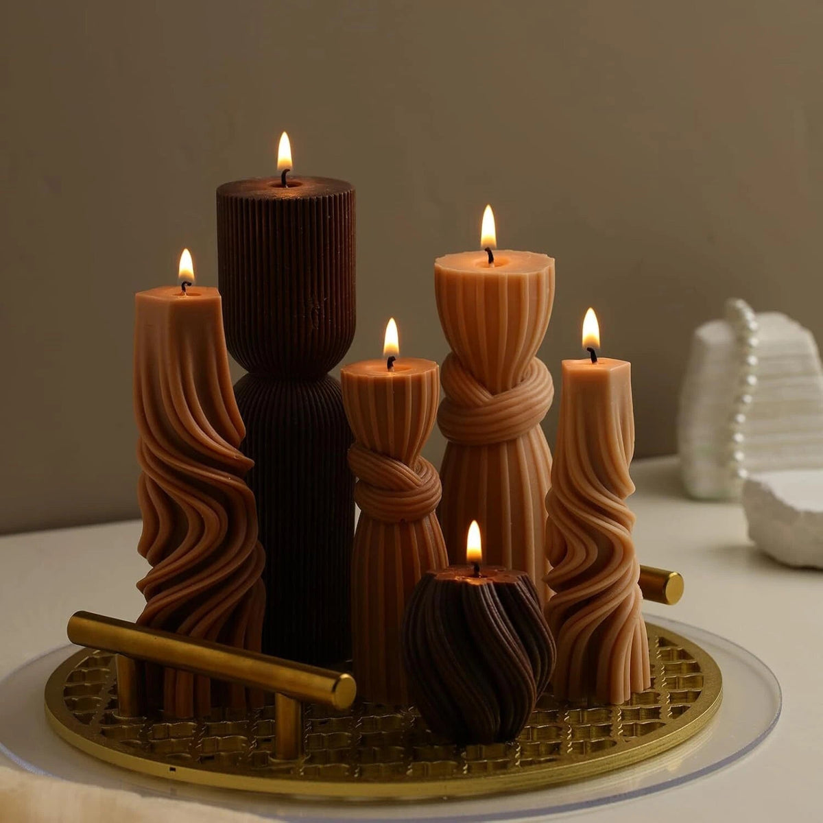 6 Pcs Small Pillar Candles Aesthetic Candles Modern Ribbed Candle Set (Brown) 07FC0E-D4 - KOEEK