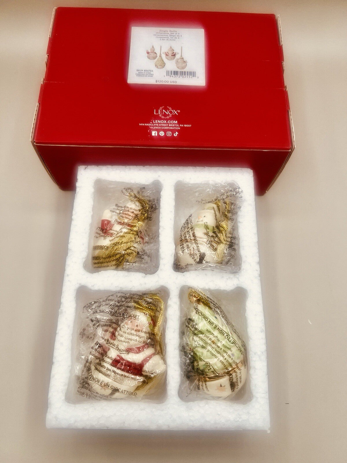 LENOX  Jingle Bell Ornament 4 PC. Set Mr&Mrs Claus Snowman $ Christmas Tree NIB LENOX - KOEEK