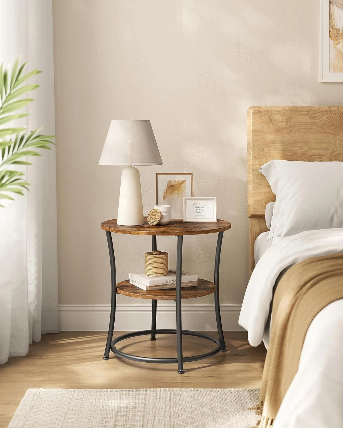 Side Table, Round Side Table with 2 Shelves, Rustic Brown and Ink Black 07FC0E-D4 - KOEEK