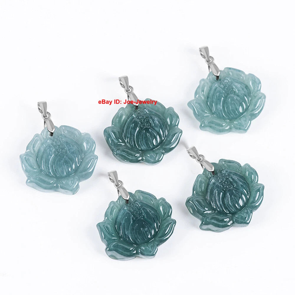Solid 925 Sterling Silver With Natural Green Jade Lotus Flower Pendant 20.9mm H 07FC0E-D4 - KOEEK