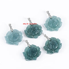 Solid 925 Sterling Silver With Natural Green Jade Lotus Flower Pendant 20.9mm H 07FC0E-D4 - KOEEK