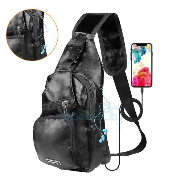 ny Mochila bandolera for hombre Bolso cruzado de cuero PU en el pecho Carga USB