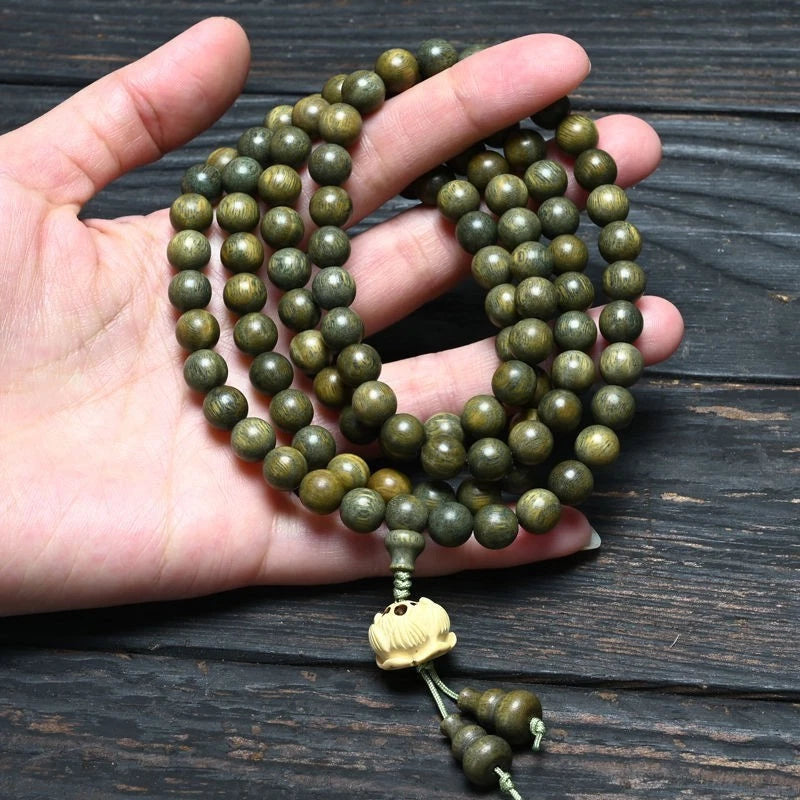 Green Sandalwood 108 Beads Lotus Mala Bracelet Unisex Prayer Jewelry 07FC0E-D4 - KOEEK