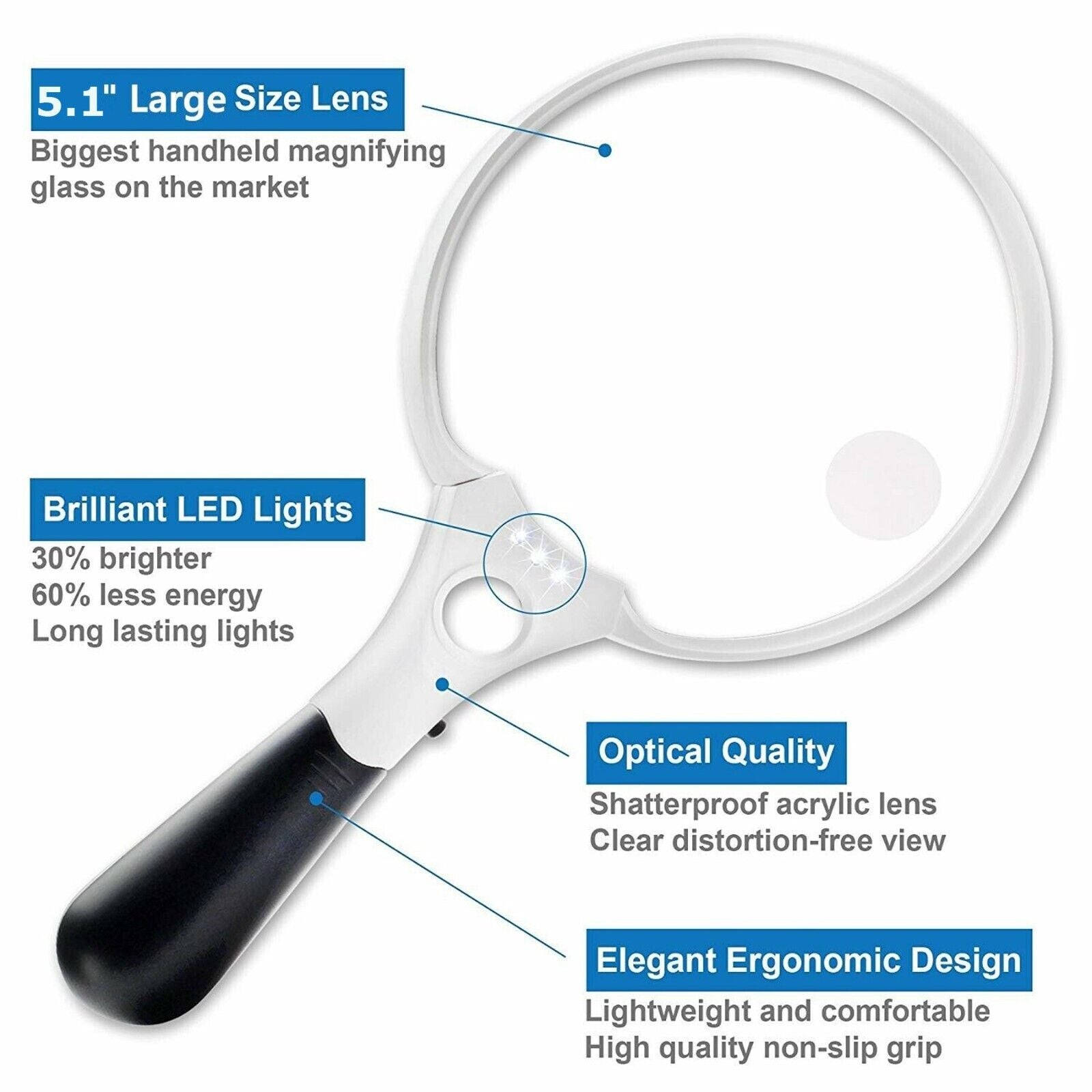 3 LED 3 Lens stor håndholdt forstørrelsesglas Læseforstørrelsesglas smykker lupe