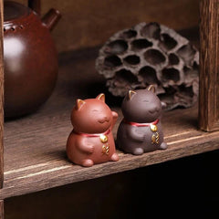5.5cm Purple Clay Handcarved luck Cat Statue Tea Pet Absorbing Wealth Ornament 07FC0E-D4 - KOEEK
