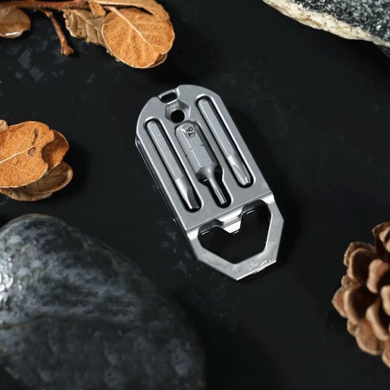 EDC Titanium Multi Tools Bottle Opener Crowbar Pocket with Bit Holder Keychain 07FC0E-D4 - KOEEK