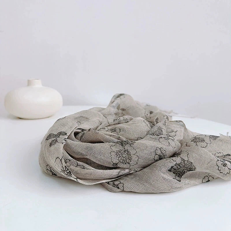 Womens  Flax Linen Floral Scarf  Soft Breathable Elegant Stole Neckerchief 07FC0E-D4 - KOEEK