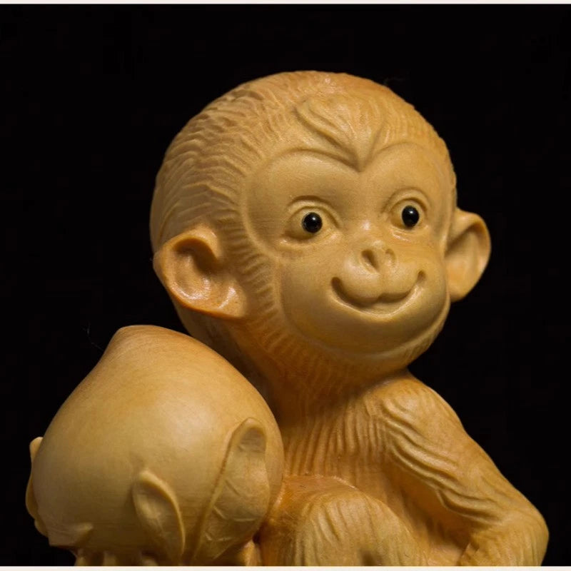 9cm Exquisitely Boxwood Handcarved Cute Monkey Holding Peach Tea Pet Ornament 07FC0E-D4 - KOEEK