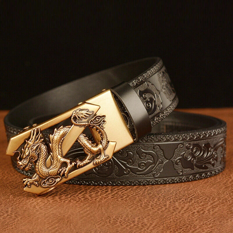 Male Leather Belt tiger Dragon Belt Cowhide  for Men Automatic Buckle 07FC0E-D4 - KOEEK
