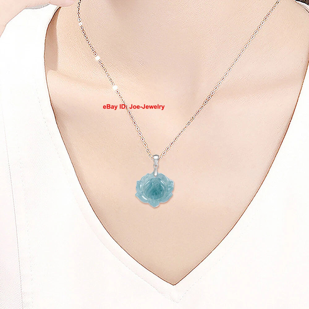 Solid 925 Sterling Silver With Natural Green Jade Lotus Flower Pendant 20.9mm H 07FC0E-D4 - KOEEK